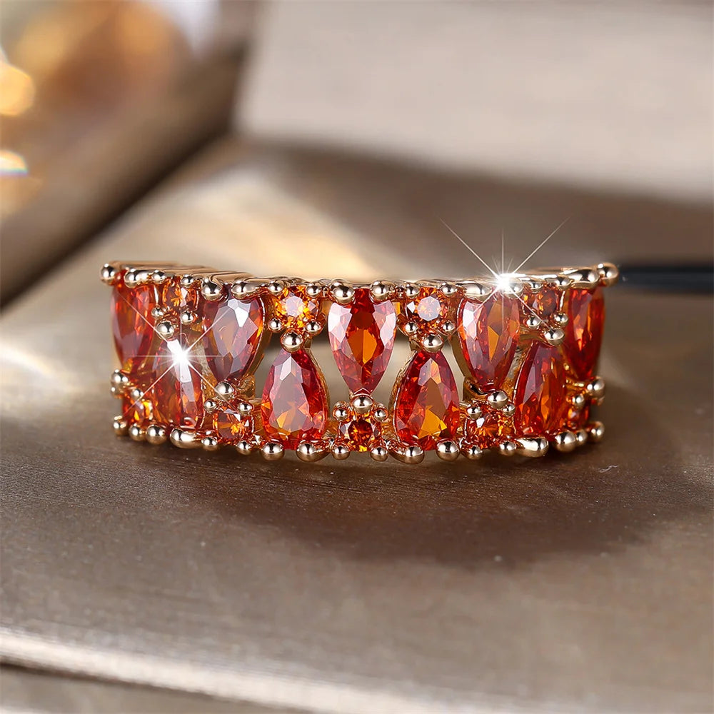 Anéis de gota de água com pedra de corte de pêra de zircônia vermelha para mulheres vintage cor dourada anel de noivado joias de casamento presentes de aniversário de noiva