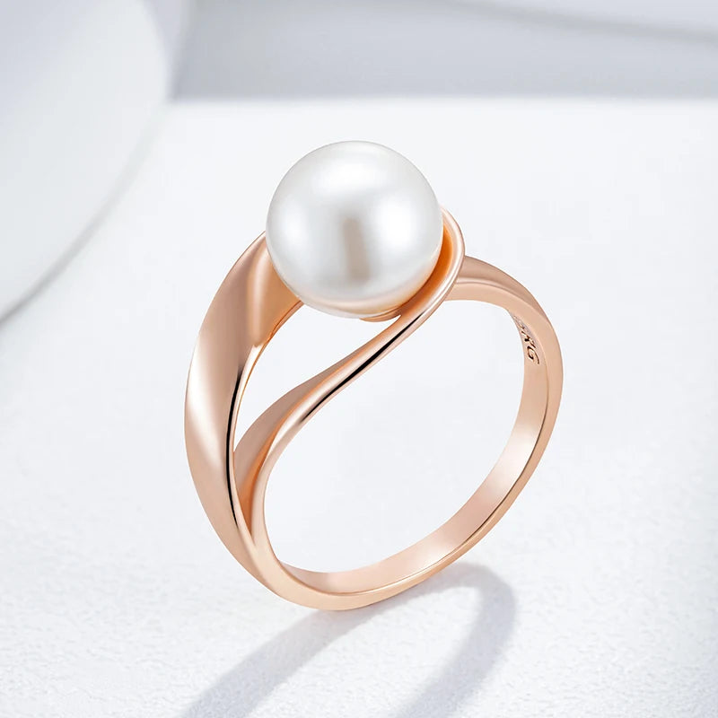 Kinel luxo 585 rosa ouro cor pérola anéis para mulheres único geométrico oco design nupcial jóias de casamento uso diário presente
