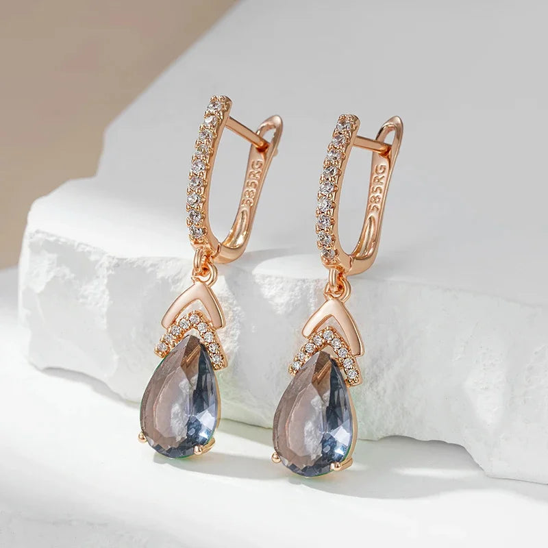 Wbmqda brincos de cristal cinza brilhante para mulheres 585 cor ouro rosa zircão natural configuração melhores presentes de joias de ano novo