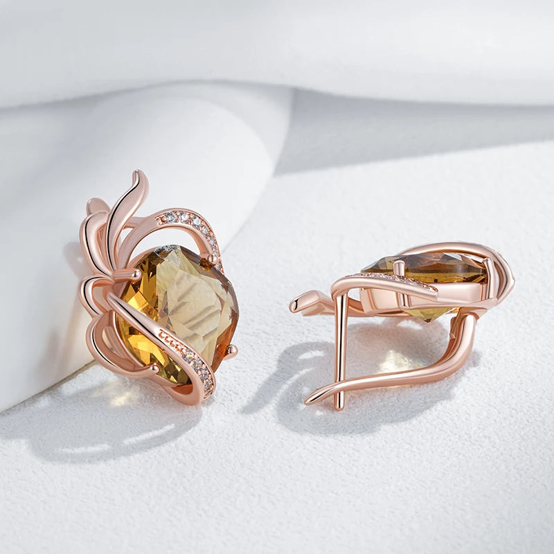 Kinel brincos em inglês de zircônia natural marrom quente para mulheres flor de cristal exclusiva 585 cor ouro rosa joias diárias de alta qualidade