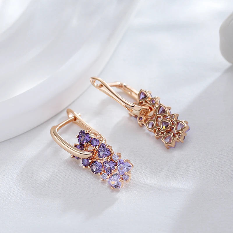 Kinel quente brilhante roxo natural zircão brincos para mulheres tendência 585 rosa cor de ouro noiva casamento jóias finas presente de cristal
