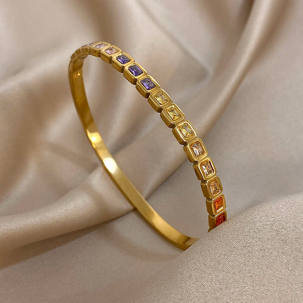 Pulseiras de aço inoxidável com miçangas quadradas de zircônia coloridas para mulheres na moda ouro prata cor empilhadas manguito pulseira joias à prova d'água