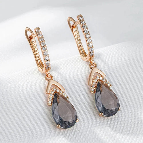 Wbmqda brincos de cristal cinza brilhante para mulheres 585 cor ouro rosa zircão natural configuração melhores presentes de joias de ano novo