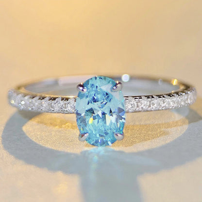 Anel de prata s925 genuíno para mulheres, 1 quilate, oval, cz, verde ou azul, centro e detalhes redondos, noivado, aniversário de casamento, joias