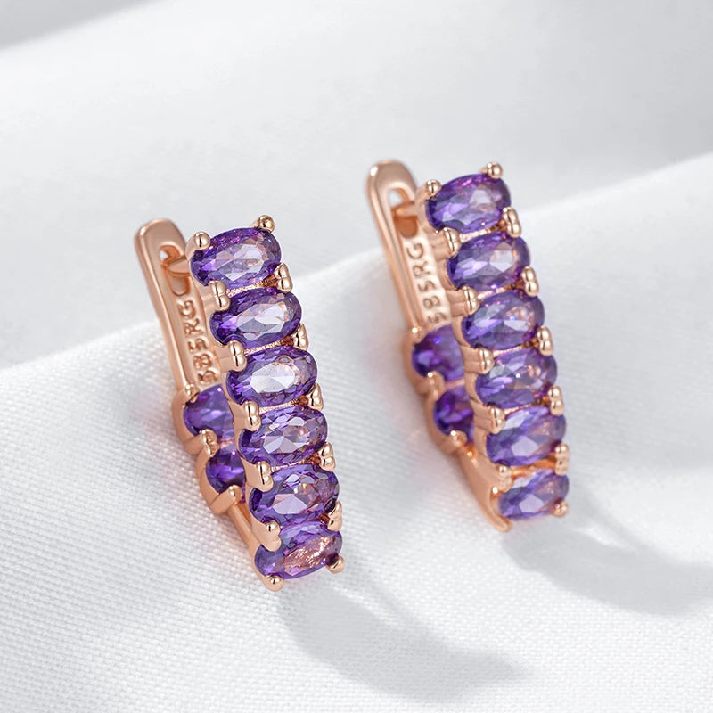 Kinel quente brilhante roxo natural zircão brincos para mulheres tendência 585 rosa cor de ouro noiva casamento jóias finas presente de cristal
