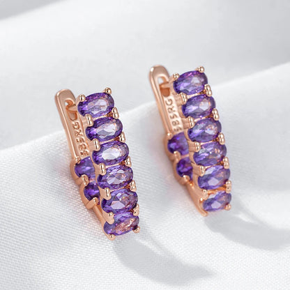 Kinel quente brilhante roxo natural zircão brincos para mulheres tendência 585 rosa cor de ouro noiva casamento jóias finas presente de cristal