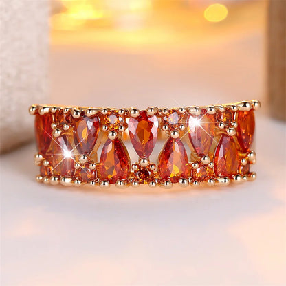 Anéis de gota de água com pedra de corte de pêra de zircônia vermelha para mulheres vintage cor dourada anel de noivado joias de casamento presentes de aniversário de noiva