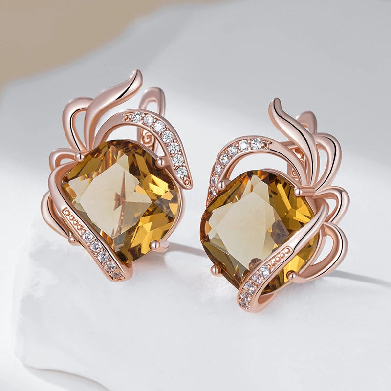 Kinel brincos em inglês de zircônia natural marrom quente para mulheres flor de cristal exclusiva 585 cor ouro rosa joias diárias de alta qualidade