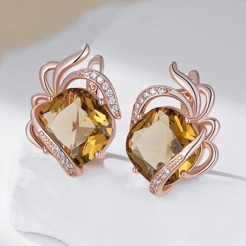 Kinel brincos em inglês de zircônia natural marrom quente para mulheres flor de cristal exclusiva 585 cor ouro rosa joias diárias de alta qualidade