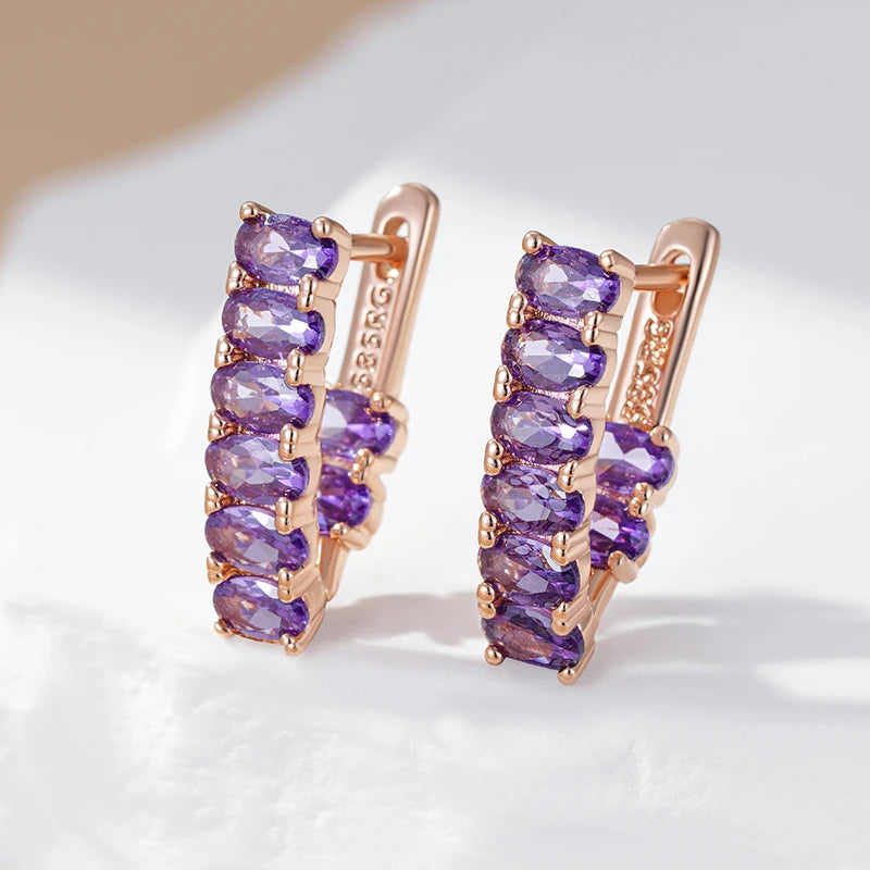 Kinel quente brilhante roxo natural zircão brincos para mulheres tendência 585 rosa cor de ouro noiva casamento jóias finas presente de cristal