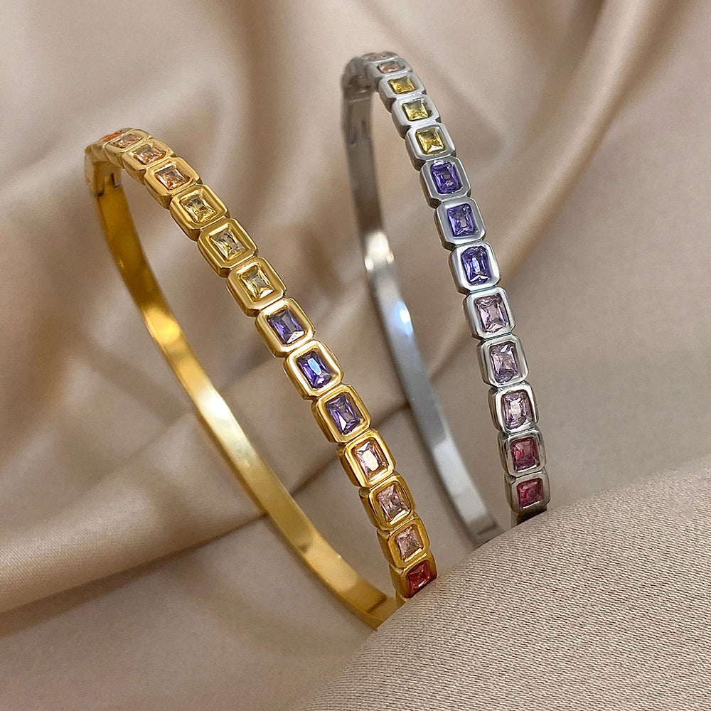 Pulseiras de aço inoxidável com miçangas quadradas de zircônia coloridas para mulheres na moda ouro prata cor empilhadas manguito pulseira joias à prova d'água