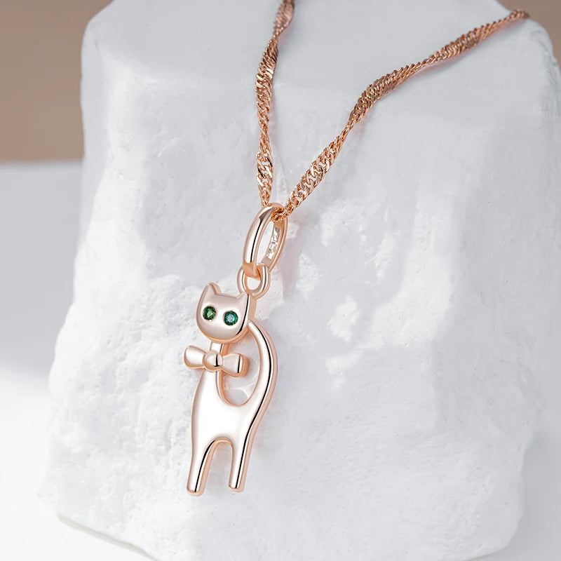 Kinel quente bonito gato pingente colar para meninas 585 rosa cor de ouro natural zircão acessórios crianças presentes natal jóias animais