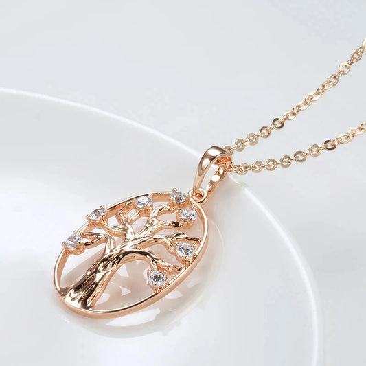 Kinel-Colar de pingentes árvore da sorte para mulheres, joalheria fina, zircão natural, cor ouro rosa, vintage, diário, quente, 585