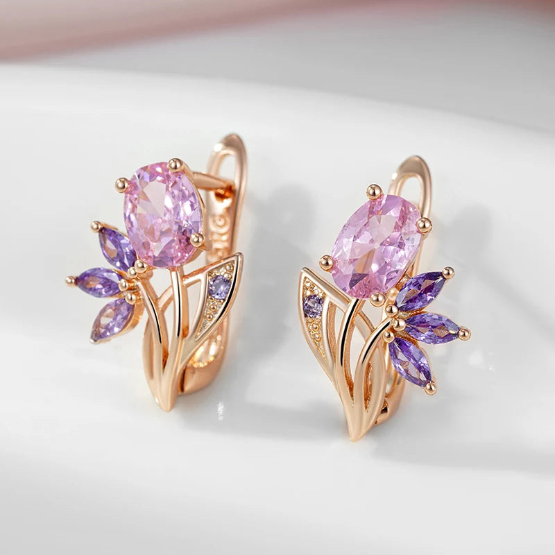 Syoujyo roxo natural zircão flor brincos para mulheres na moda jóias 585 rosa ouro cor noiva brincos de casamento