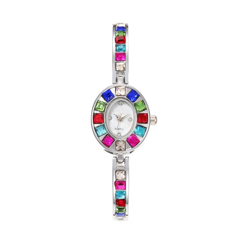 1pc feminino retro relógio de quartzo elegante senhoras-estilo colorido diamante conjunto dial relógio compacto feminino presente do feriado
