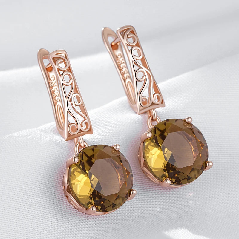 Kinel brincos em inglês de zircônia natural marrom quente para mulheres flor de cristal exclusiva 585 cor ouro rosa joias diárias de alta qualidade