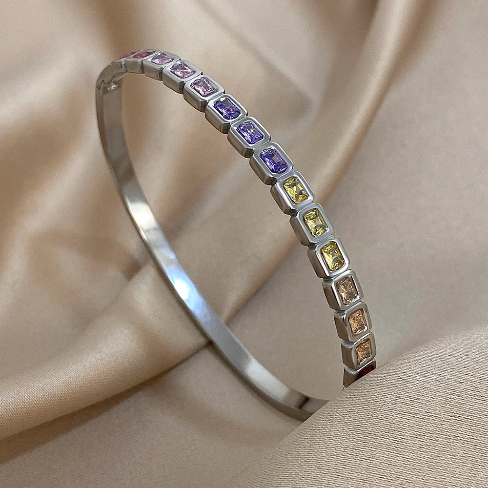 Pulseiras de aço inoxidável com miçangas quadradas de zircônia coloridas para mulheres na moda ouro prata cor empilhadas manguito pulseira joias à prova d'água