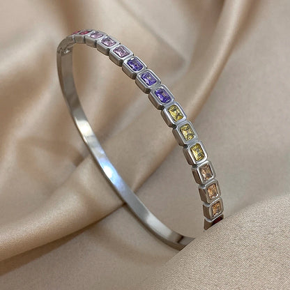 Pulseiras de aço inoxidável com miçangas quadradas de zircônia coloridas para mulheres na moda ouro prata cor empilhadas manguito pulseira joias à prova d'água