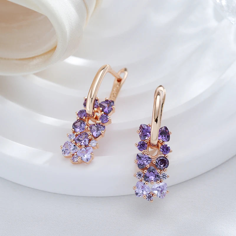 Kinel quente brilhante roxo natural zircão brincos para mulheres tendência 585 rosa cor de ouro noiva casamento jóias finas presente de cristal