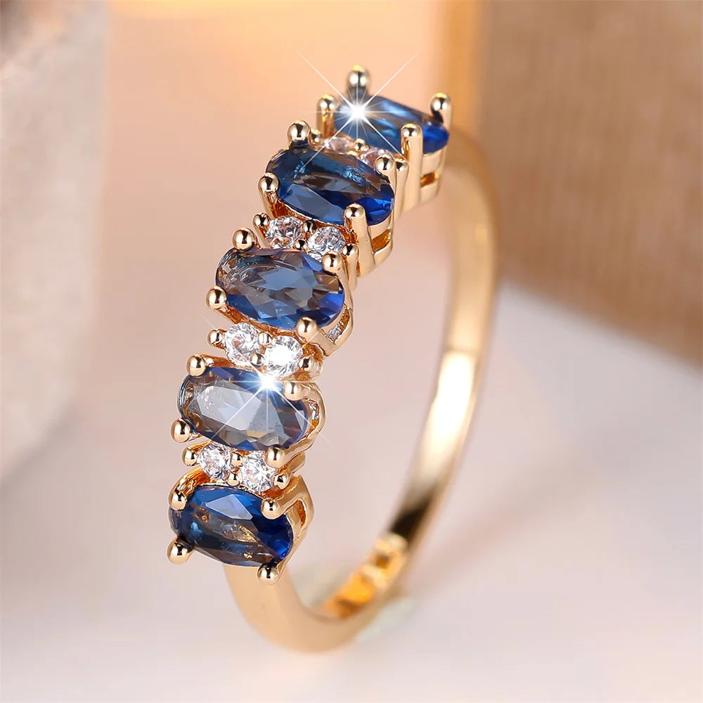 Anéis de pedra ovais fofos de cristal azul de fileira única para mulheres vintage cor dourada anel de noivado joias de casamento presentes de aniversário de noiva