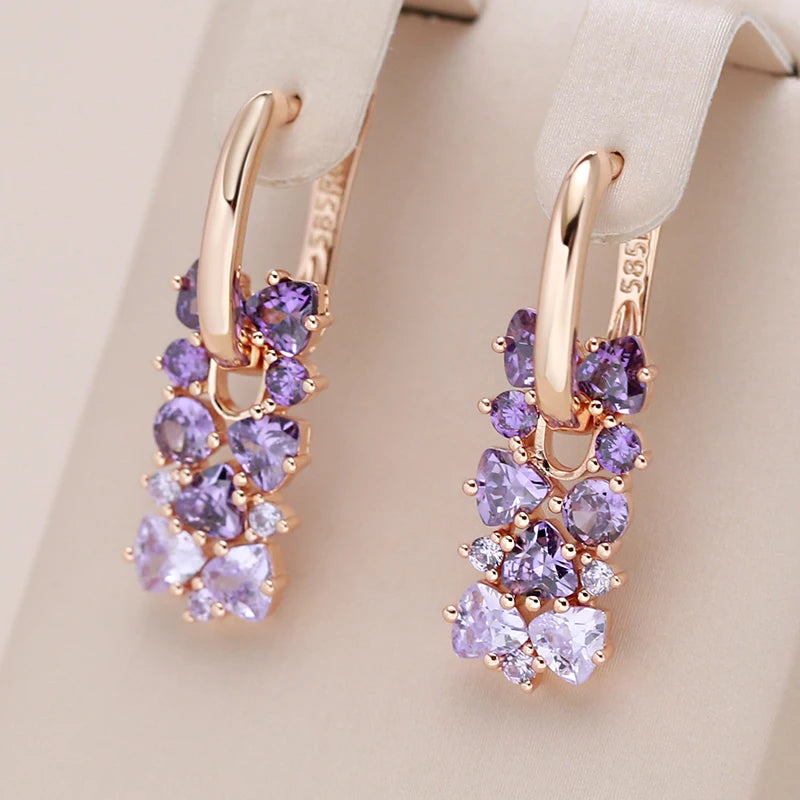 Kinel quente brilhante roxo natural zircão brincos para mulheres tendência 585 rosa cor de ouro noiva casamento jóias finas presente de cristal