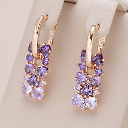Kinel quente brilhante roxo natural zircão brincos para mulheres tendência 585 rosa cor de ouro noiva casamento jóias finas presente de cristal