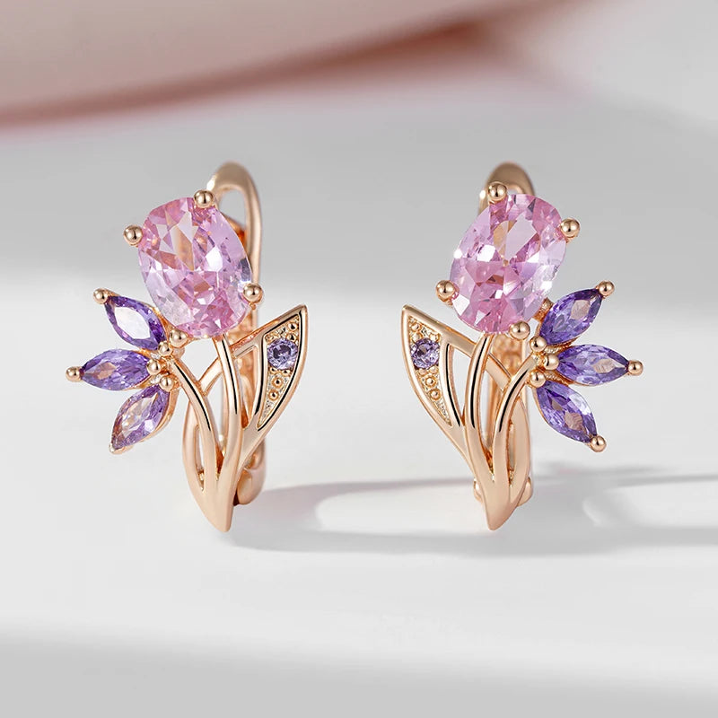 Syoujyo roxo natural zircão flor brincos para mulheres na moda jóias 585 rosa ouro cor noiva brincos de casamento
