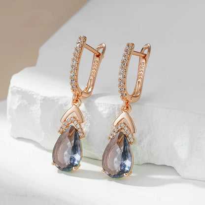 Wbmqda brincos de cristal cinza brilhante para mulheres 585 cor ouro rosa zircão natural configuração melhores presentes de joias de ano novo