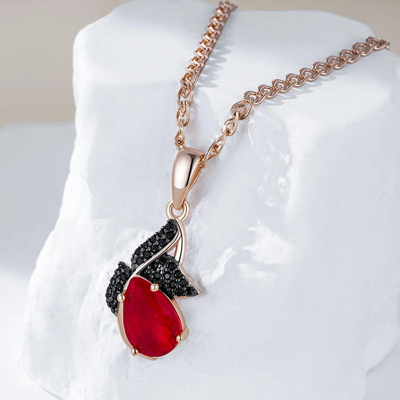 Kinel quente brilhante vermelho natural zircão pingente colar feminino 585 rosa ouro e preto chapeamento de alta qualidade diariamente fino retro jóias