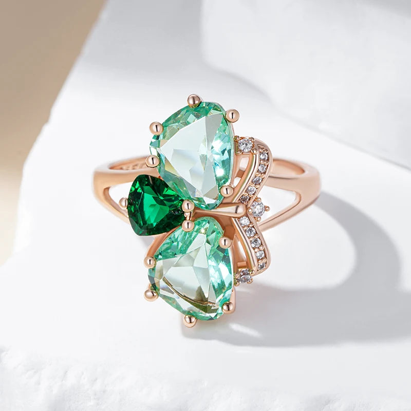 Kinel anel grande de pedra verde exclusivo para mulheres moda losango acessórios de zircônia natural 585 cor ouro rosa joias diárias vintage