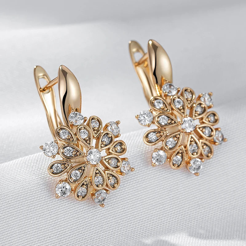 Kinel quente 585 rosa cor de ouro cristal flor balançar brincos para mulheres brilhante natural zircão étnico noiva casamento jóias finas