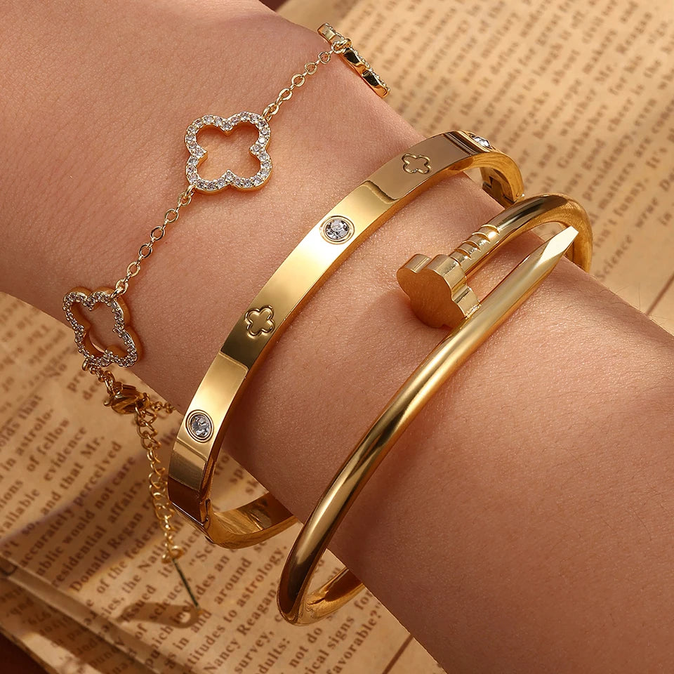 Yupsk 3 peças de aço inoxidável 18k banhado a ouro quatro folhas flor unhas empilhadas pulseira pulseiras zircônia brilhante casal joias presente