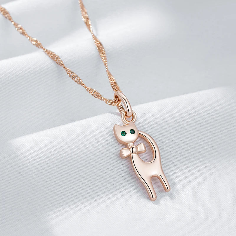 Kinel quente bonito gato pingente colar para meninas 585 rosa cor de ouro natural zircão acessórios crianças presentes natal jóias animais