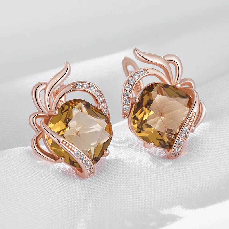 Kinel brincos em inglês de zircônia natural marrom quente para mulheres flor de cristal exclusiva 585 cor ouro rosa joias diárias de alta qualidade