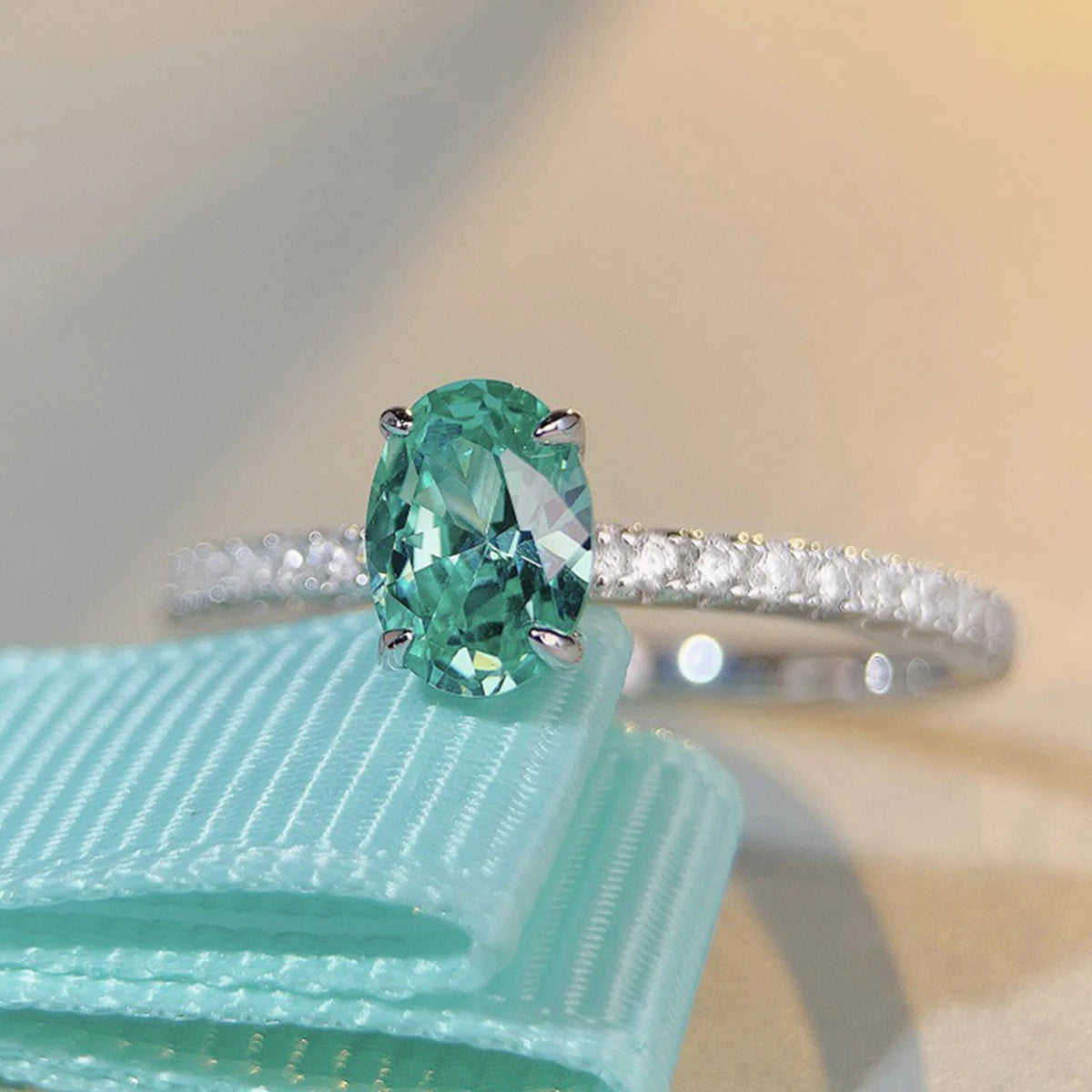 Anel de prata s925 genuíno para mulheres, 1 quilate, oval, cz, verde ou azul, centro e detalhes redondos, noivado, aniversário de casamento, joias