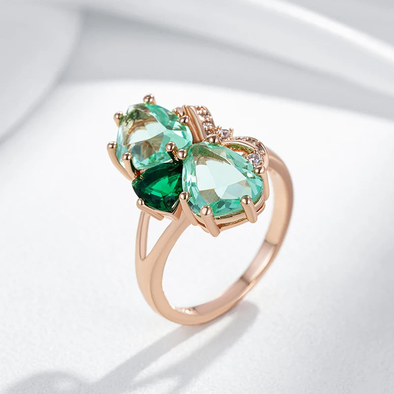 Kinel anel grande de pedra verde exclusivo para mulheres moda losango acessórios de zircônia natural 585 cor ouro rosa joias diárias vintage