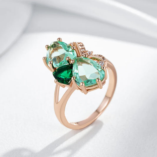 Kinel anel grande de pedra verde exclusivo para mulheres moda losango acessórios de zircônia natural 585 cor ouro rosa joias diárias vintage