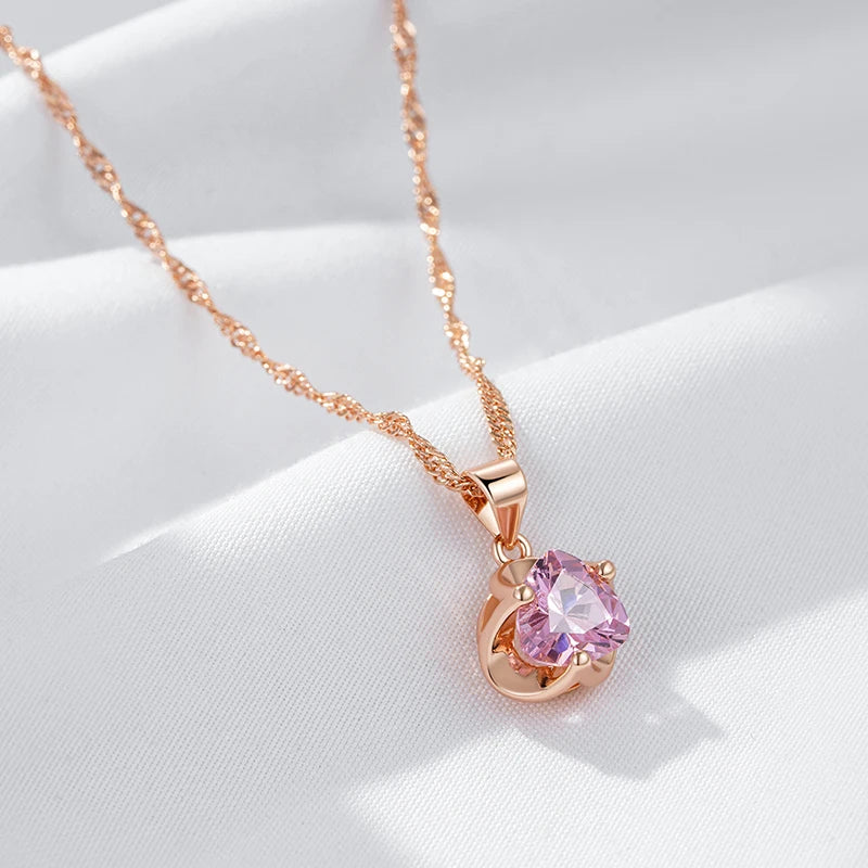 Kinel quente romântico rosa natural zircão colar para mulher 585 ouro rosa luxo casal presente simples pingente diário jóias finas
