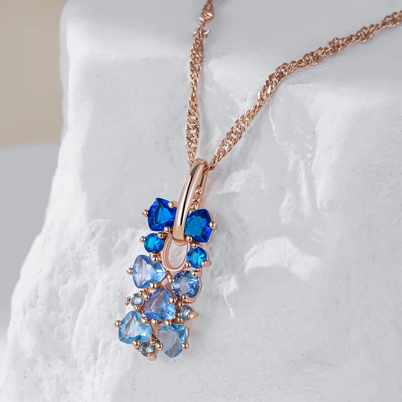 Kinel quente brilhante azul natural zircão pingente colar para mulheres tendência 585 rosa cor de ouro noiva casamento jóias finas presente de cristal