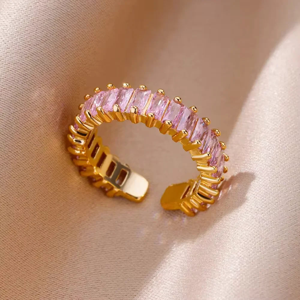 Anel de zircão cúbico colorido para mulheres, aço inoxidável, cor dourada, anel aberto, vintage, boho, festa de casamento, joias, acessórios para presente