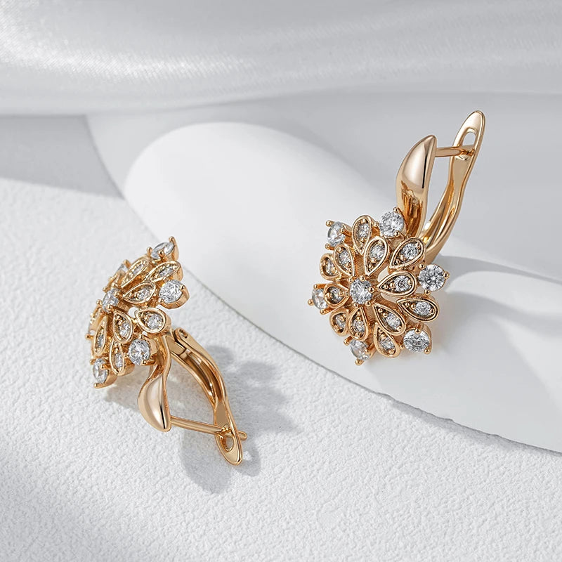 Kinel quente 585 rosa cor de ouro cristal flor balançar brincos para mulheres brilhante natural zircão étnico noiva casamento jóias finas