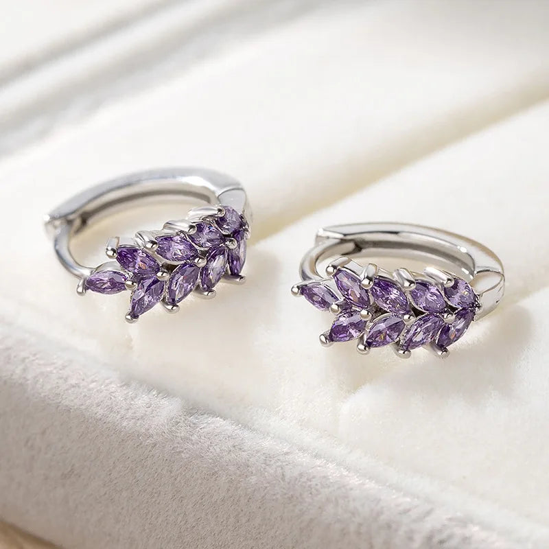 Delicado árvore folha hoop brincos para mulheres cor prata branco roxo verde zircão pequena orelha fivela feminino huggie brinco jóias