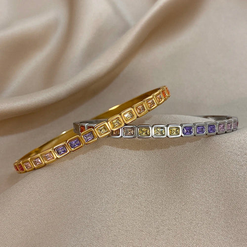 Pulseiras de aço inoxidável com miçangas quadradas de zircônia coloridas para mulheres na moda ouro prata cor empilhadas manguito pulseira joias à prova d'água