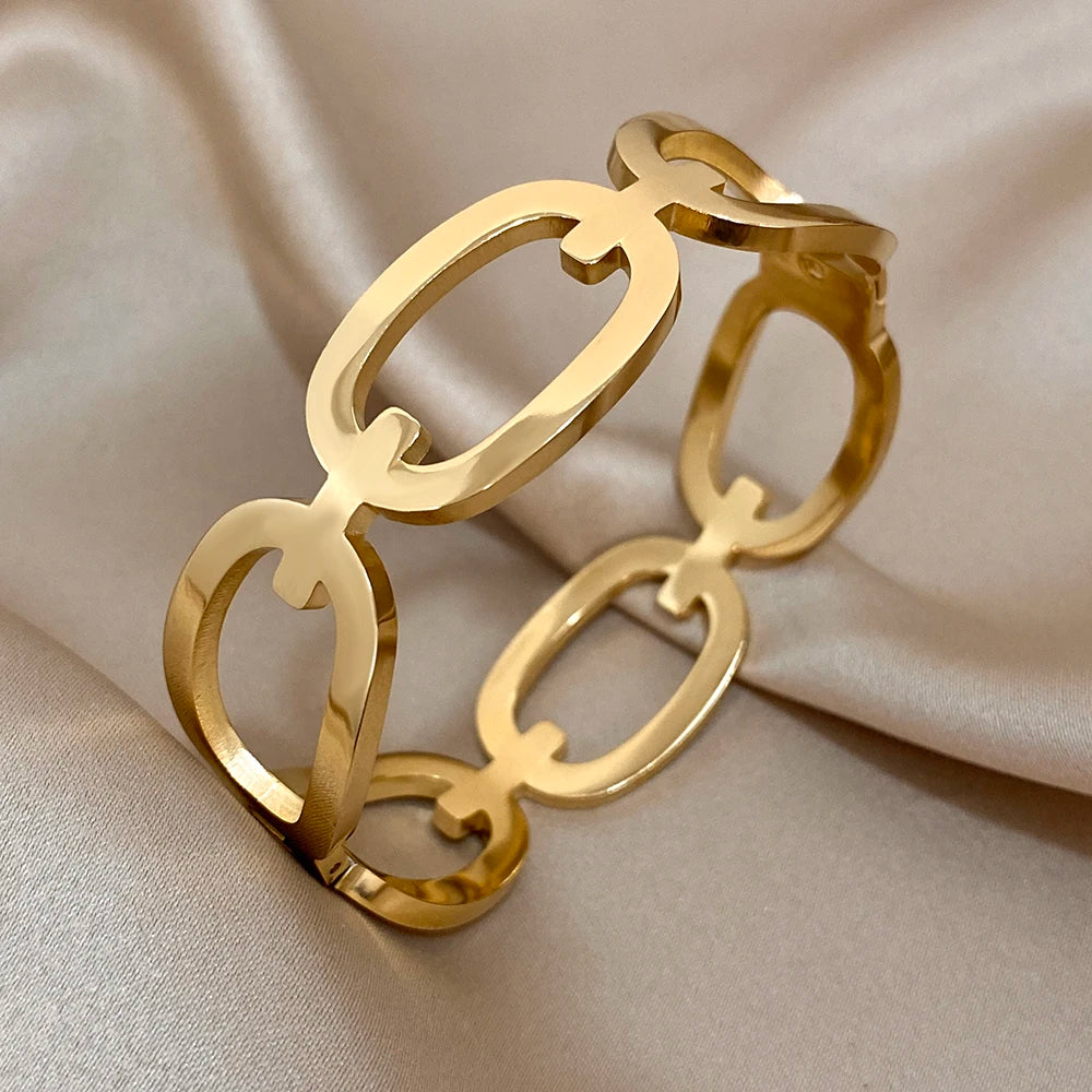 Nova moda fivela circular banhado a ouro pulseiras de aço inoxidável pulseiras para mulheres homens vintage ampla aberta pulseira de pulso jóias