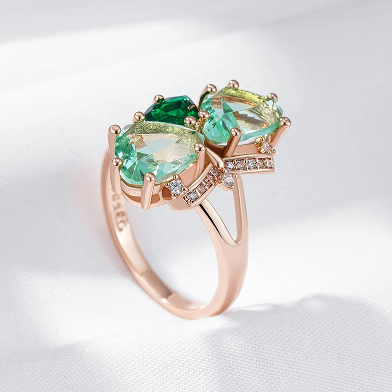 Kinel anel grande de pedra verde exclusivo para mulheres moda losango acessórios de zircônia natural 585 cor ouro rosa joias diárias vintage