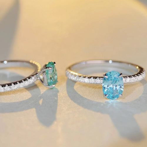 Anel de prata s925 genuíno para mulheres, 1 quilate, oval, cz, verde ou azul, centro e detalhes redondos, noivado, aniversário de casamento, joias