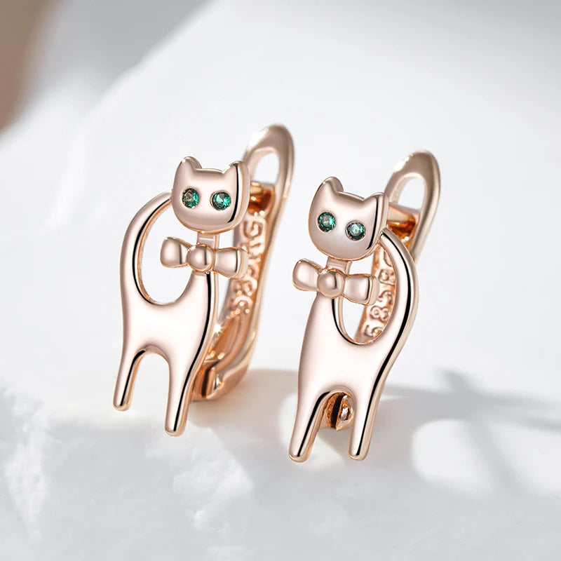 Kinel luxo bonito gato brincos para meninas 585 cor de ouro rosa zircão natural acessórios crianças presentes de natal do bebê jóias animais