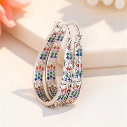 Bonito feminino pequeno arco-íris zircão pedra redonda brincos de argola moda vintage cor prata jóias de casamento para mulher