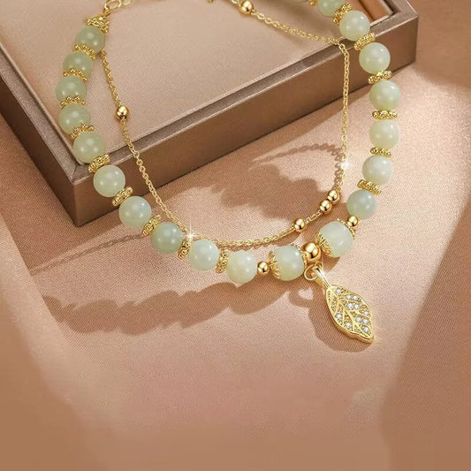 Estilo chinês verde jade pulseira para mulheres requintado cor de ouro folhas pulseira de pulso pulseira de corrente dupla presentes das meninas